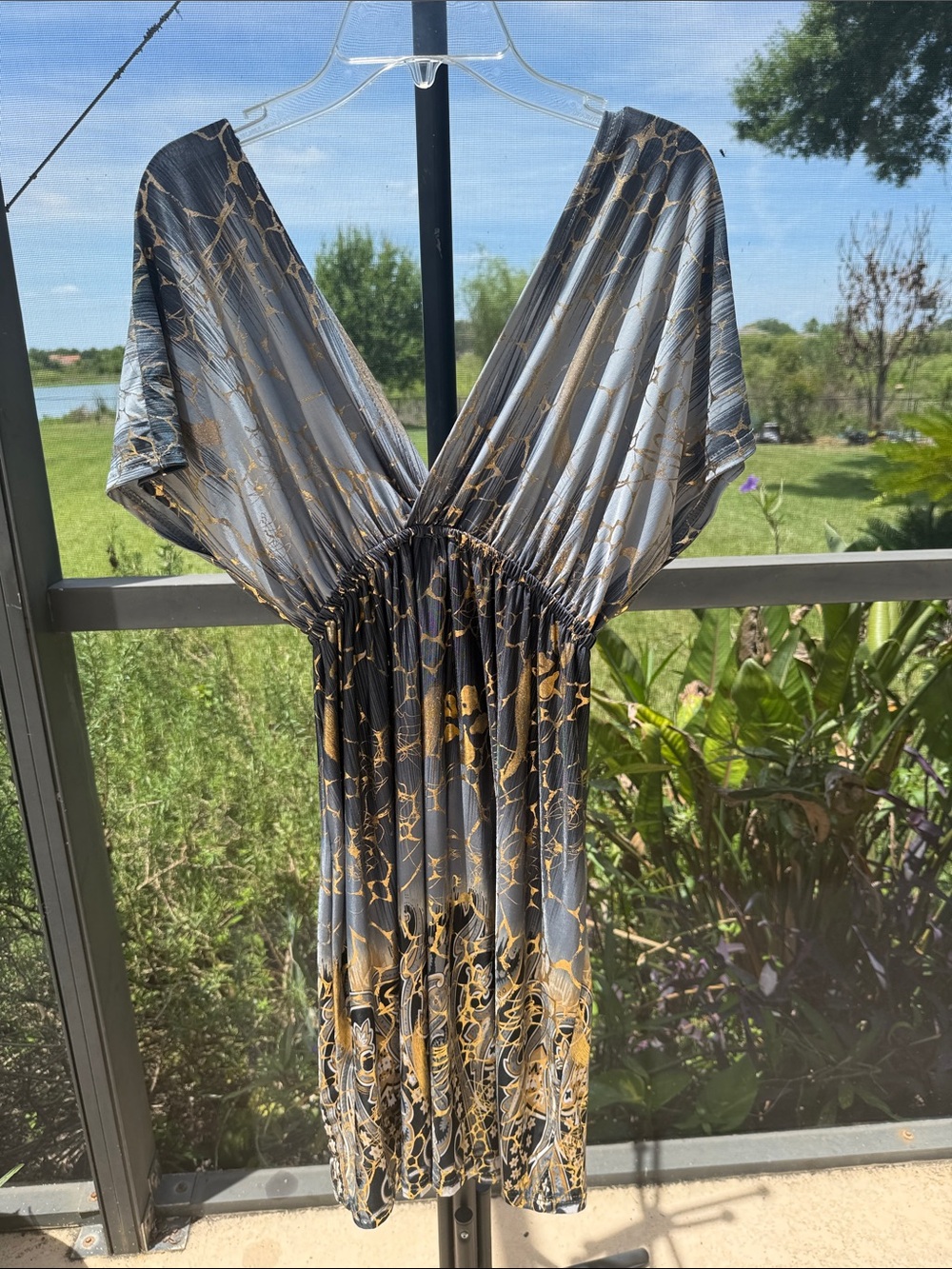 Shoreline Gray and Gold Sheer V-Neck Beach Coverup Dress - Picture 4 of 6